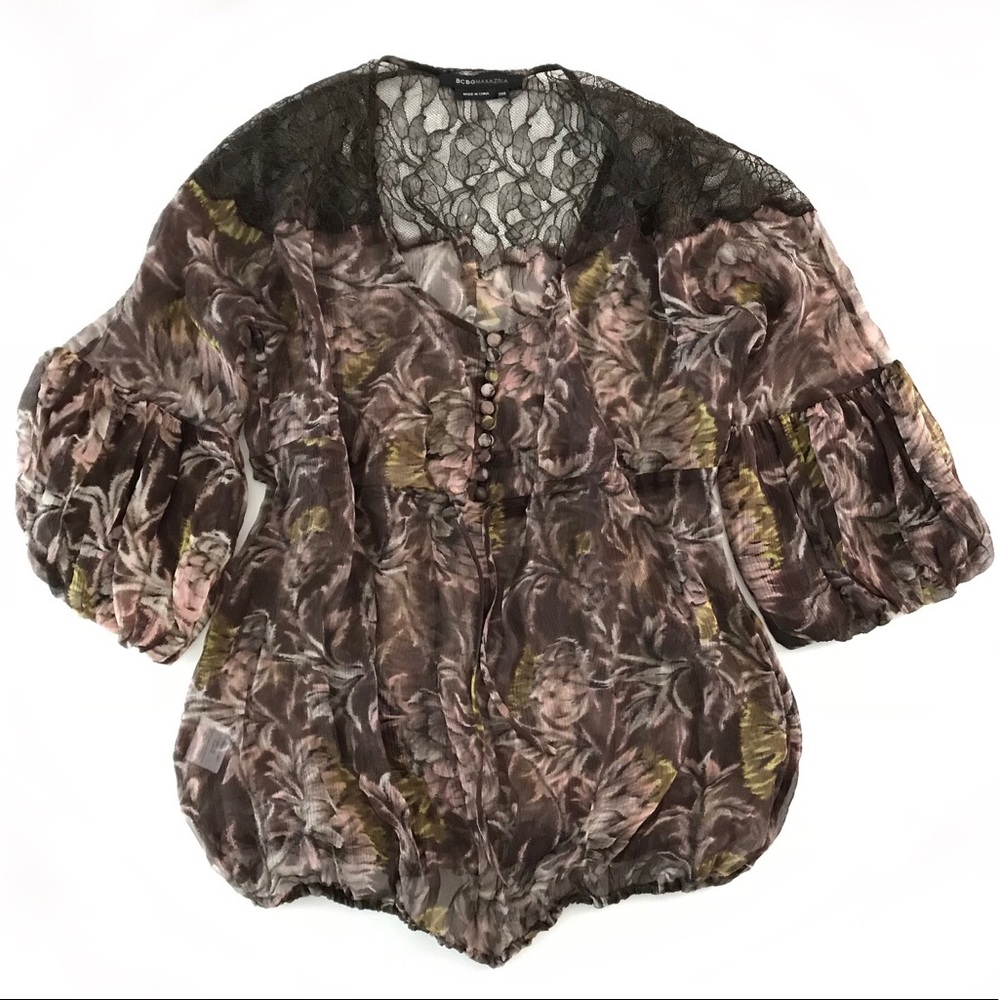 BCBG Max Azria Brown Chiffon Floral Top